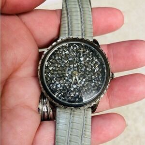 Victoria Wick Crystal Dial Watch Rhinestone Bezel Leather Band Quartz Gunmetal